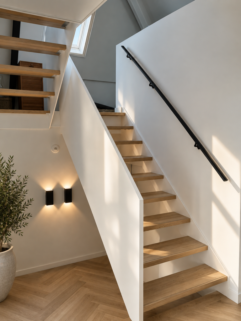 Minimalistische houten trap in warm daglicht