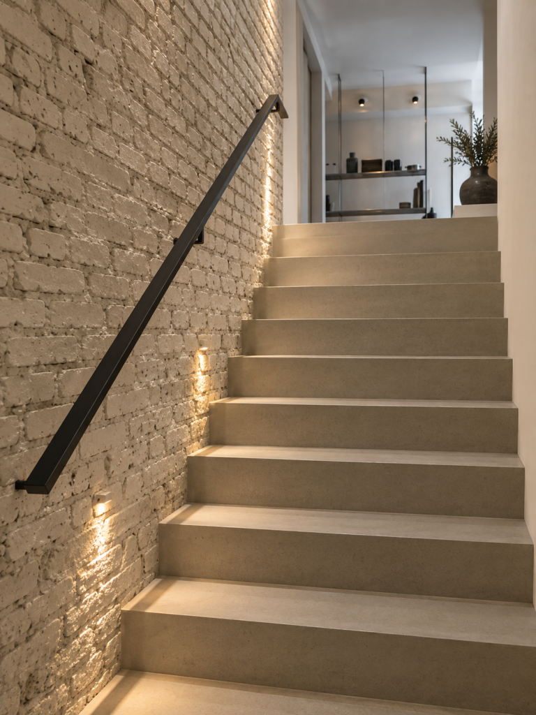Minimalistische trap met warme verlichting