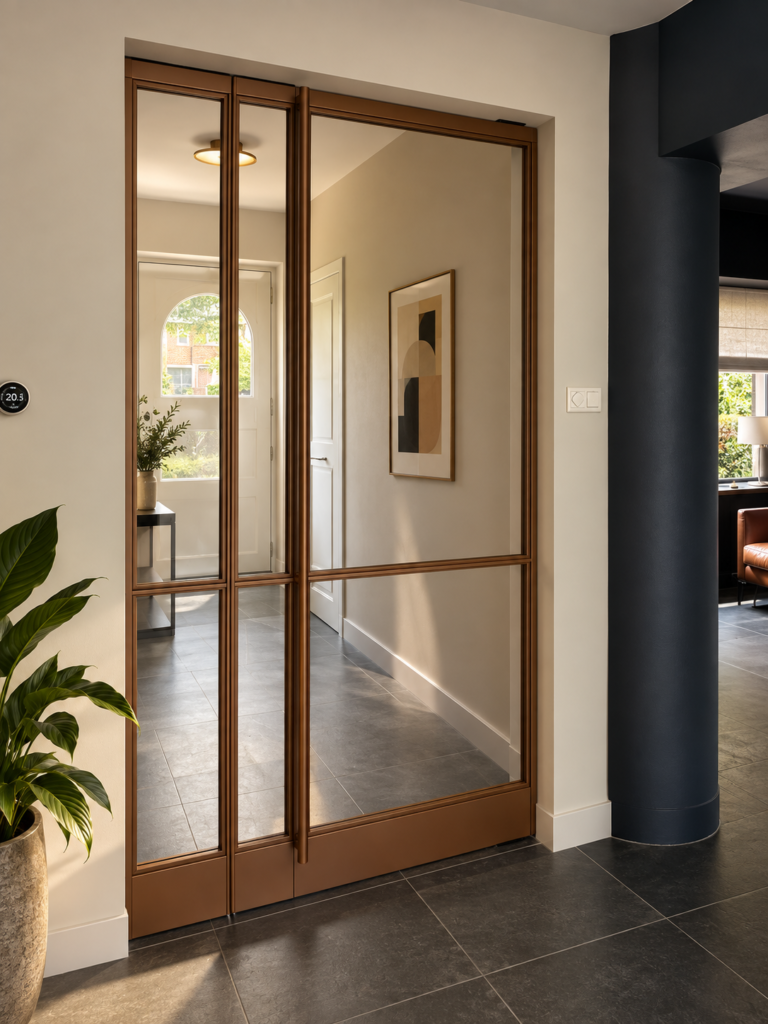 Moderne glazen bronzen deur in warm interieur