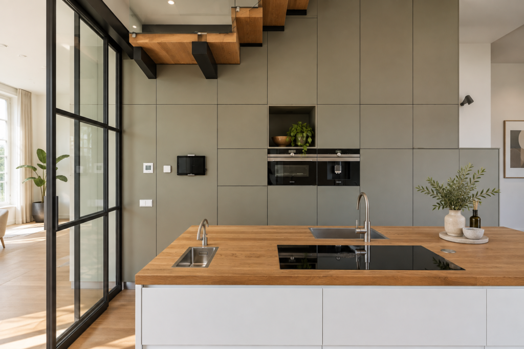 Moderne keuken met zwevende trap bovenin