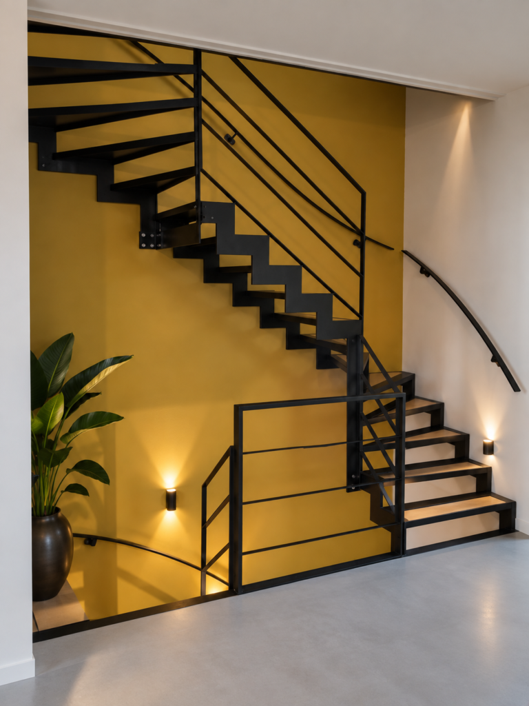 Moderne stalen trap met gele muur
