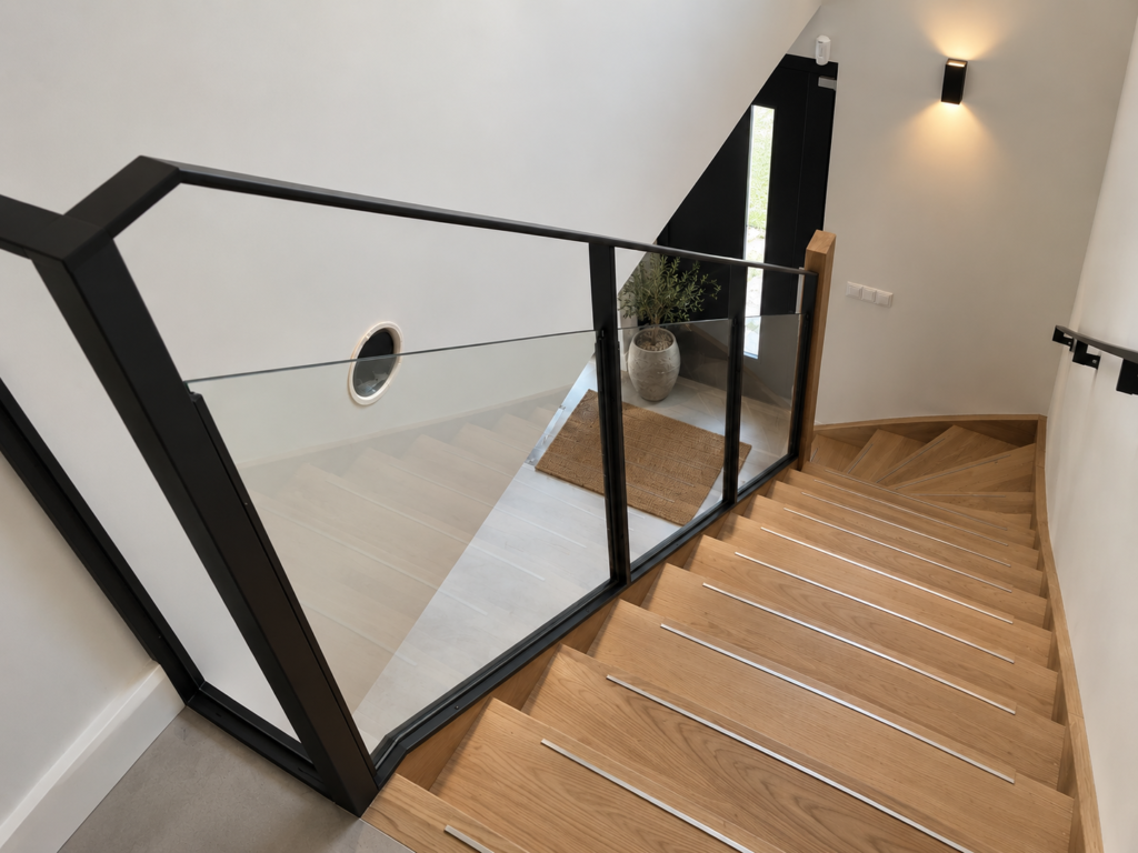 Stalen zwarte trap met hout